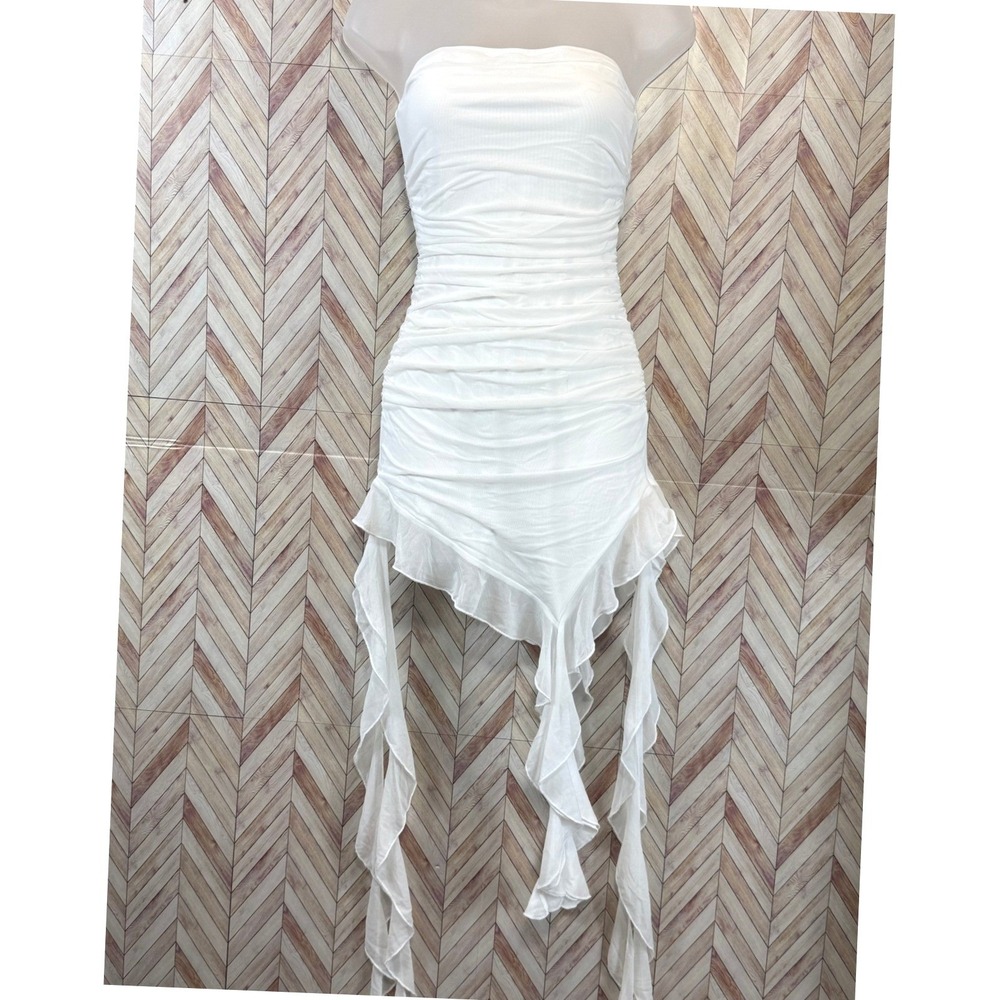 NEW SHEIN Womens S White Bodycon Mini Dress Strapless Coquette Ruffle Party Chic